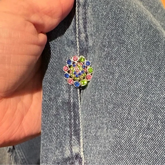 Diane Gilman DG2 Blue Denim Jacket w/ Jeweled Buttons Frayed Sleeves & Hem Med - Picture 4 of 6